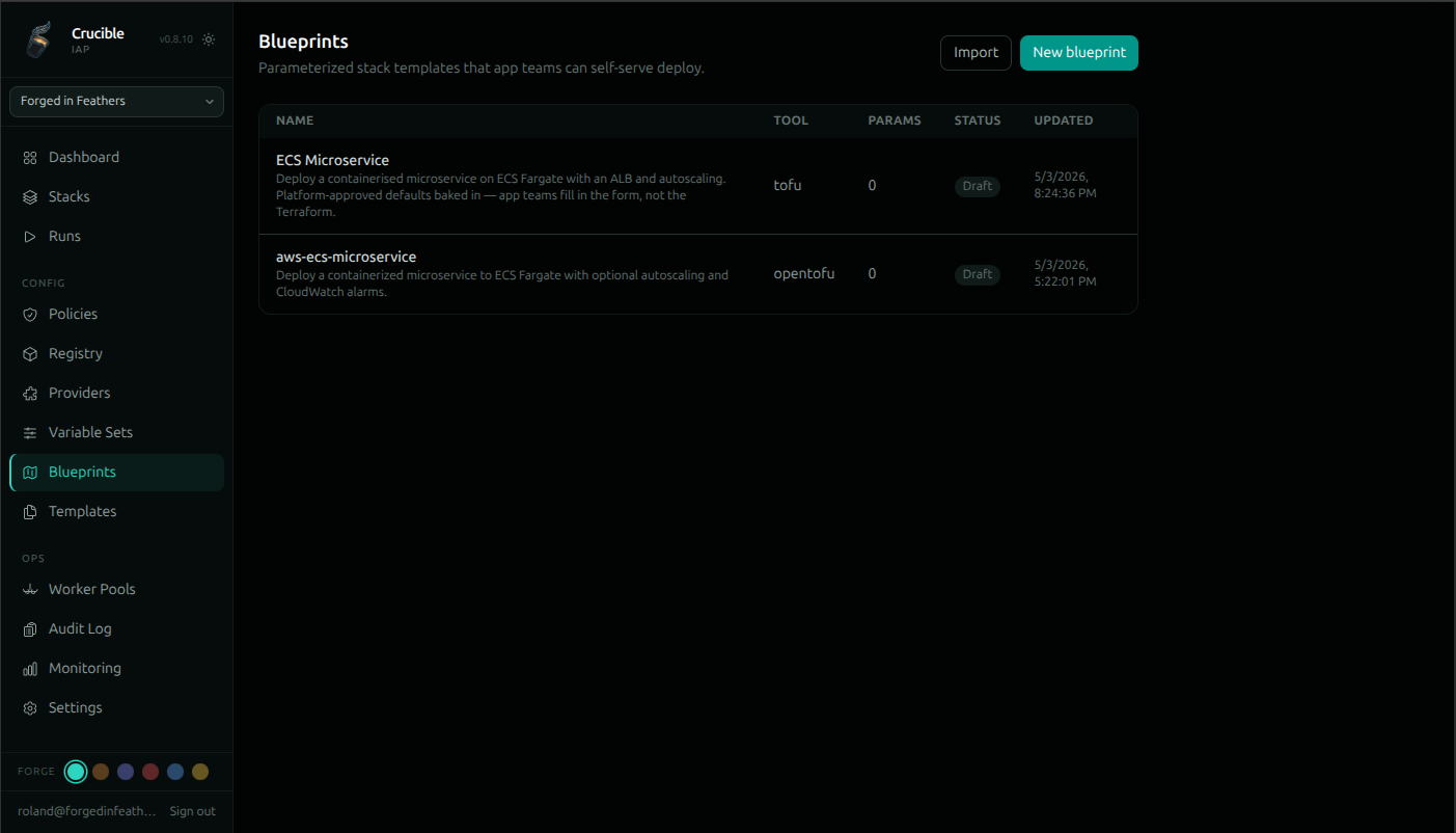 Crucible IAP blueprints list showing parameterized stack templates