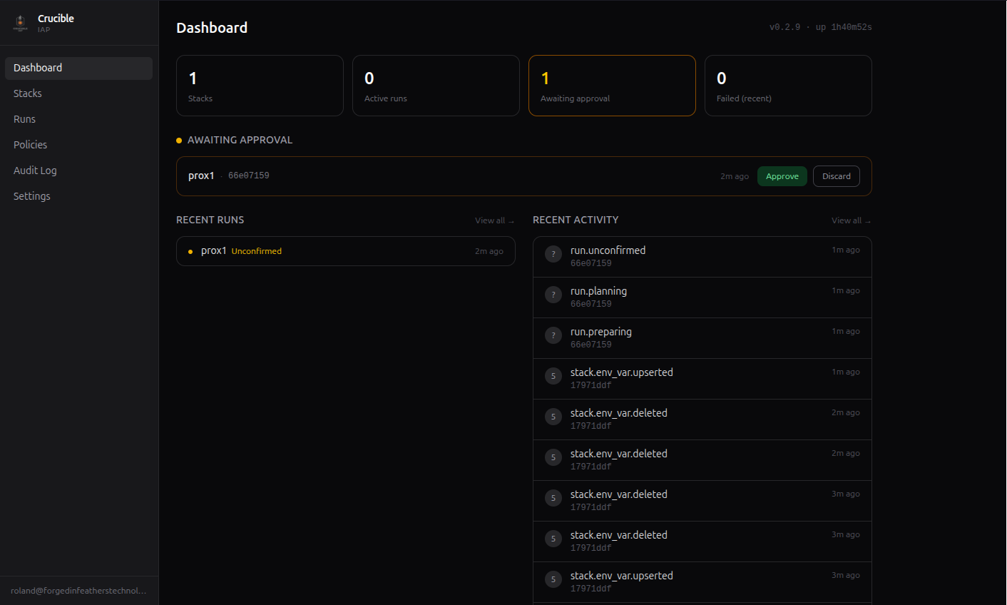 Crucible IAP run dashboard showing pending approvals and live runs