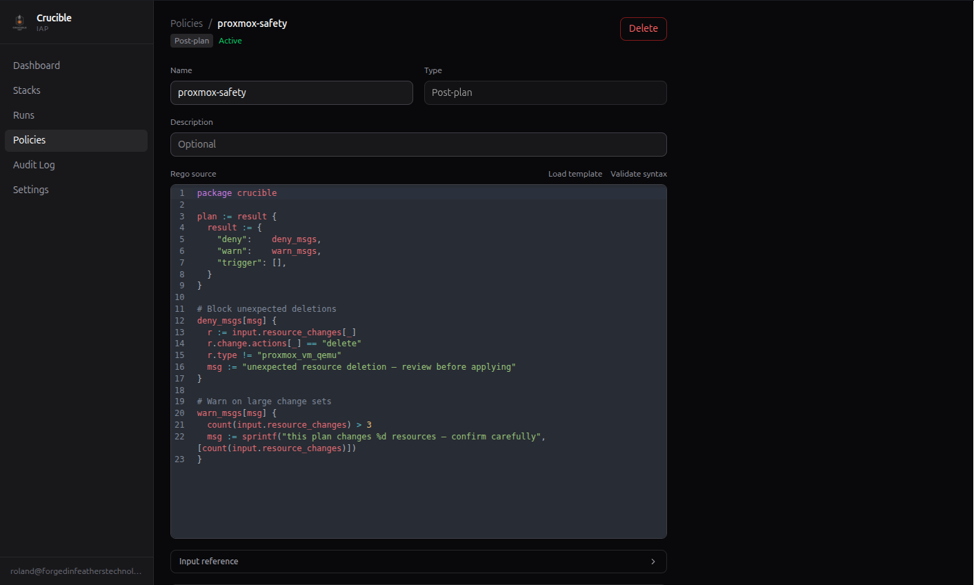 Crucible IAP policy editor with OPA Rego syntax highlighting and live validation