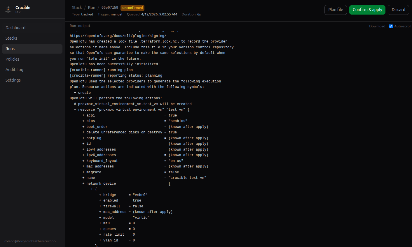 Crucible IAP run detail showing plan output and OPA policy evaluation results
