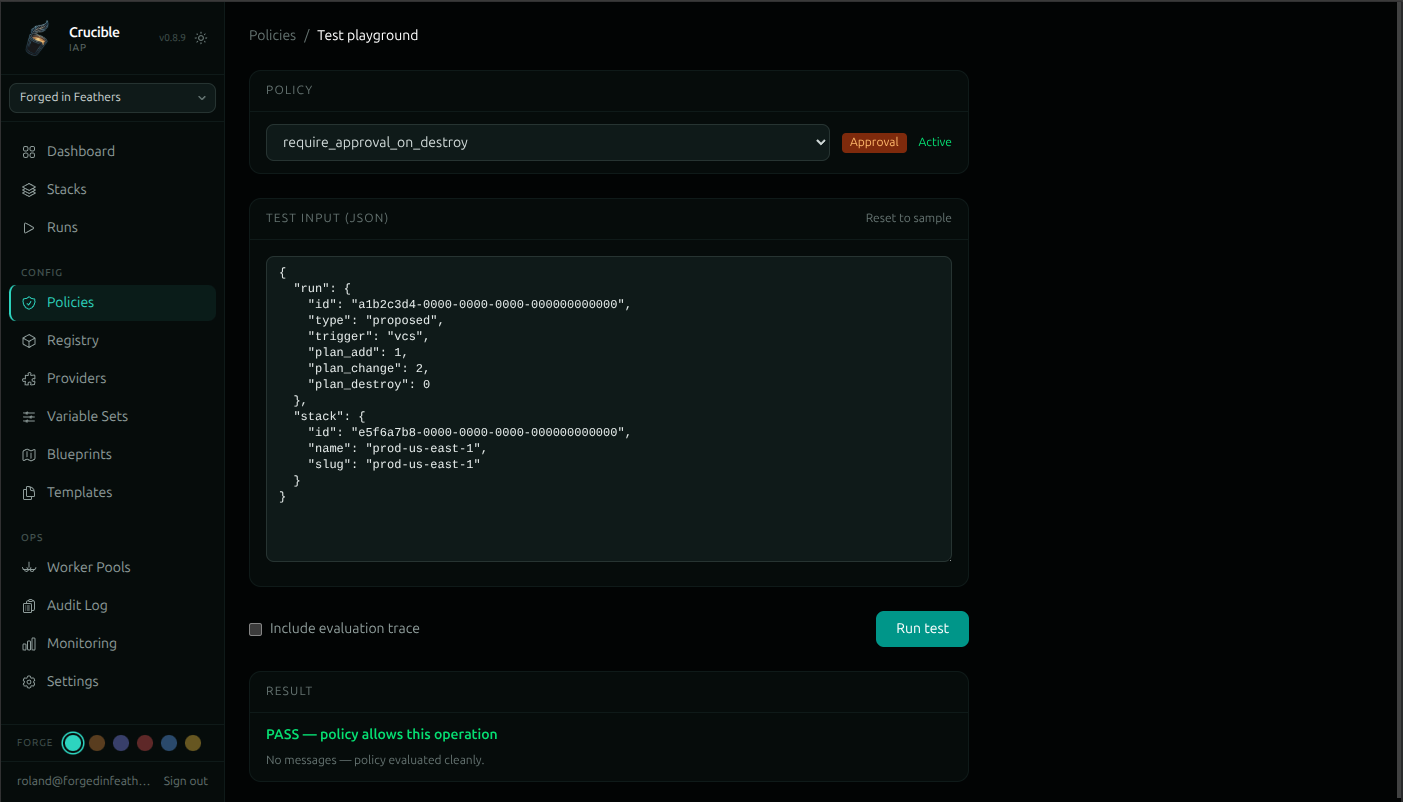 Crucible IAP OPA/Rego policy test playground with live evaluation trace