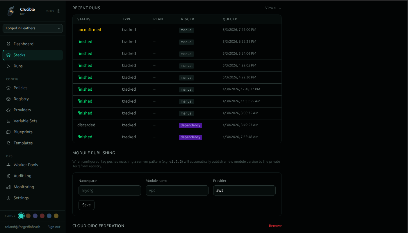 Crucible IAP stack detail with color-coded tags, pinning, and dependency graph