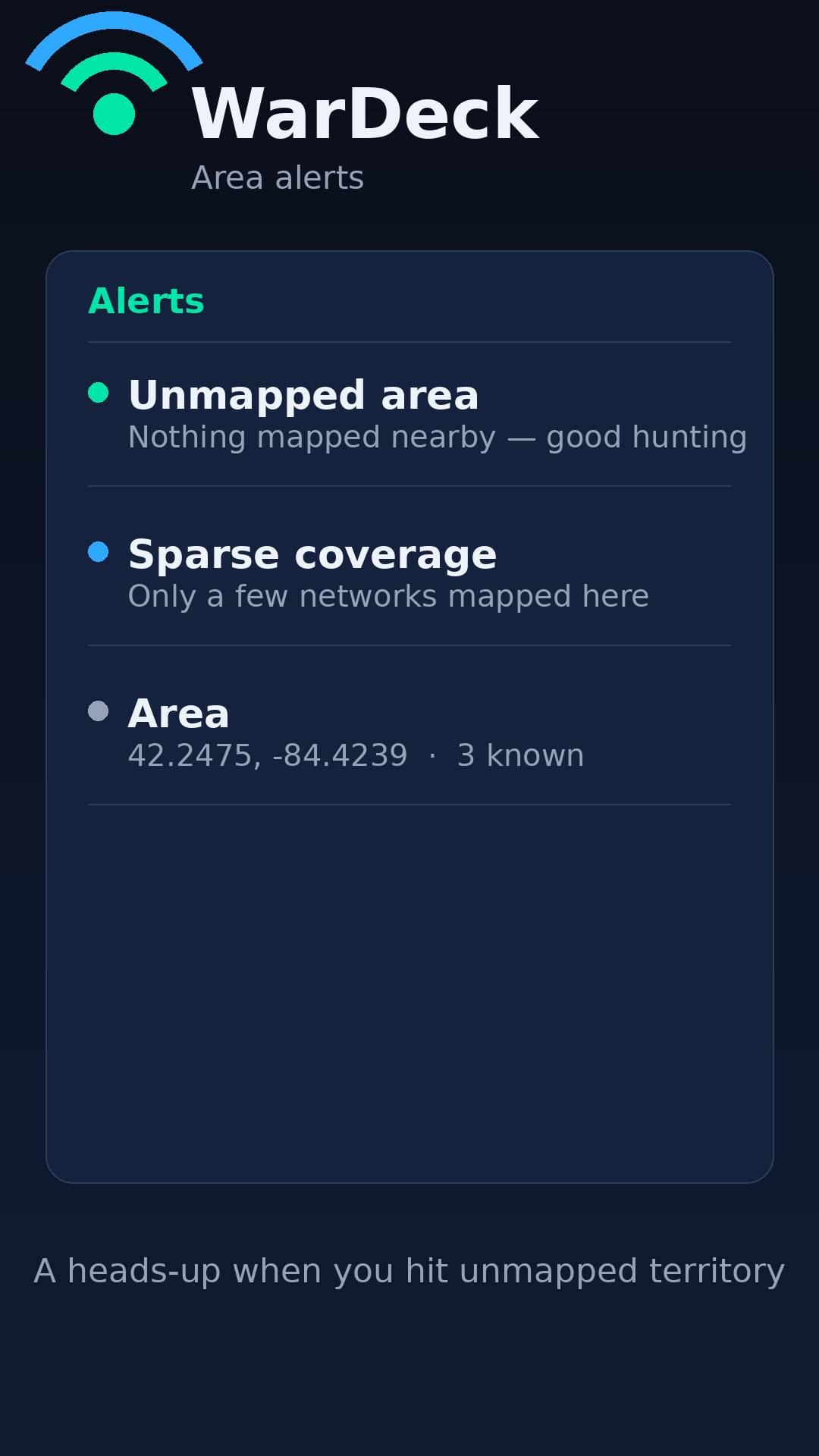 WarDeck alerts preview showing a heads-up for entering a sparsely mapped area